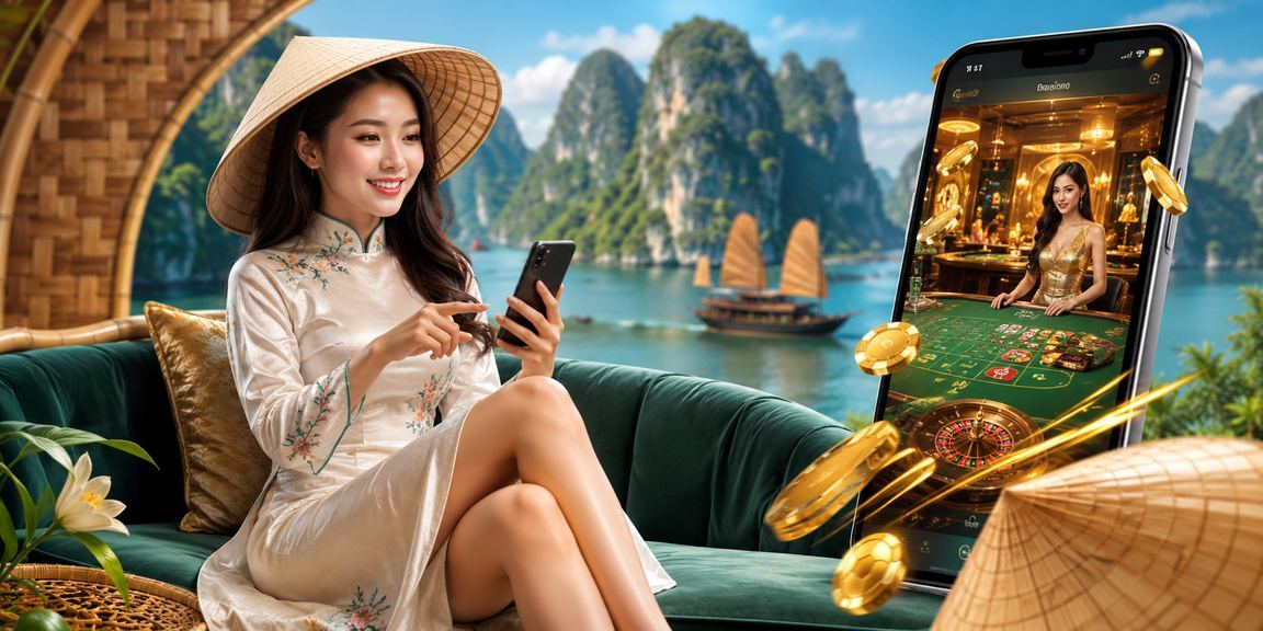 Người dùng đội nón lá truy cập ứng dụng giải trí trên điện thoại với phong cảnh vịnh Hạ Long phía sau