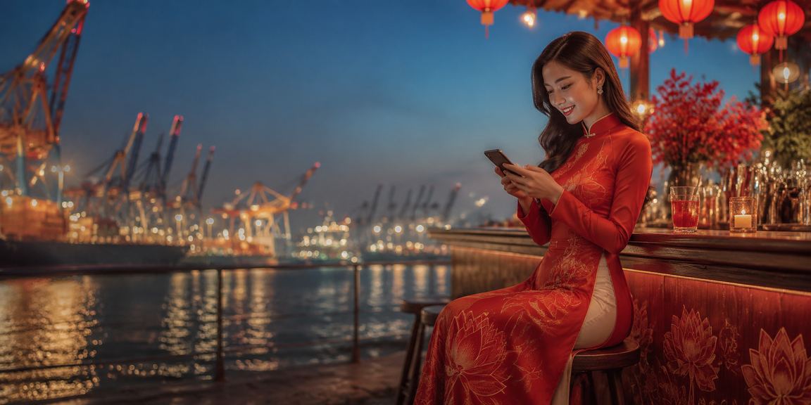 Người dùng Hải Phòng trong trang phục áo dài truyền thống đăng ký tài khoản casino trên điện thoại di động