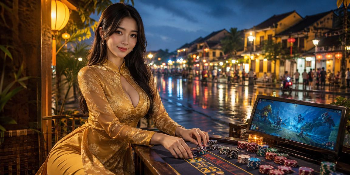 Người dùng Hội An mặc áo dài theo dõi esports và game casino trực tuyến tại không gian truyền thống